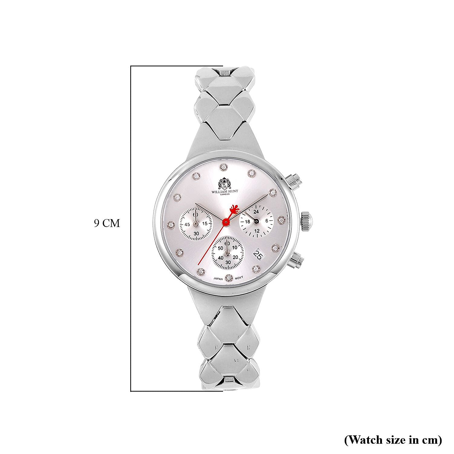 WILLIAM HUNT Japan Movt. White Dial 5 ATM Water Resistant Moissanite Watch with Stainless Steel Chain Strap