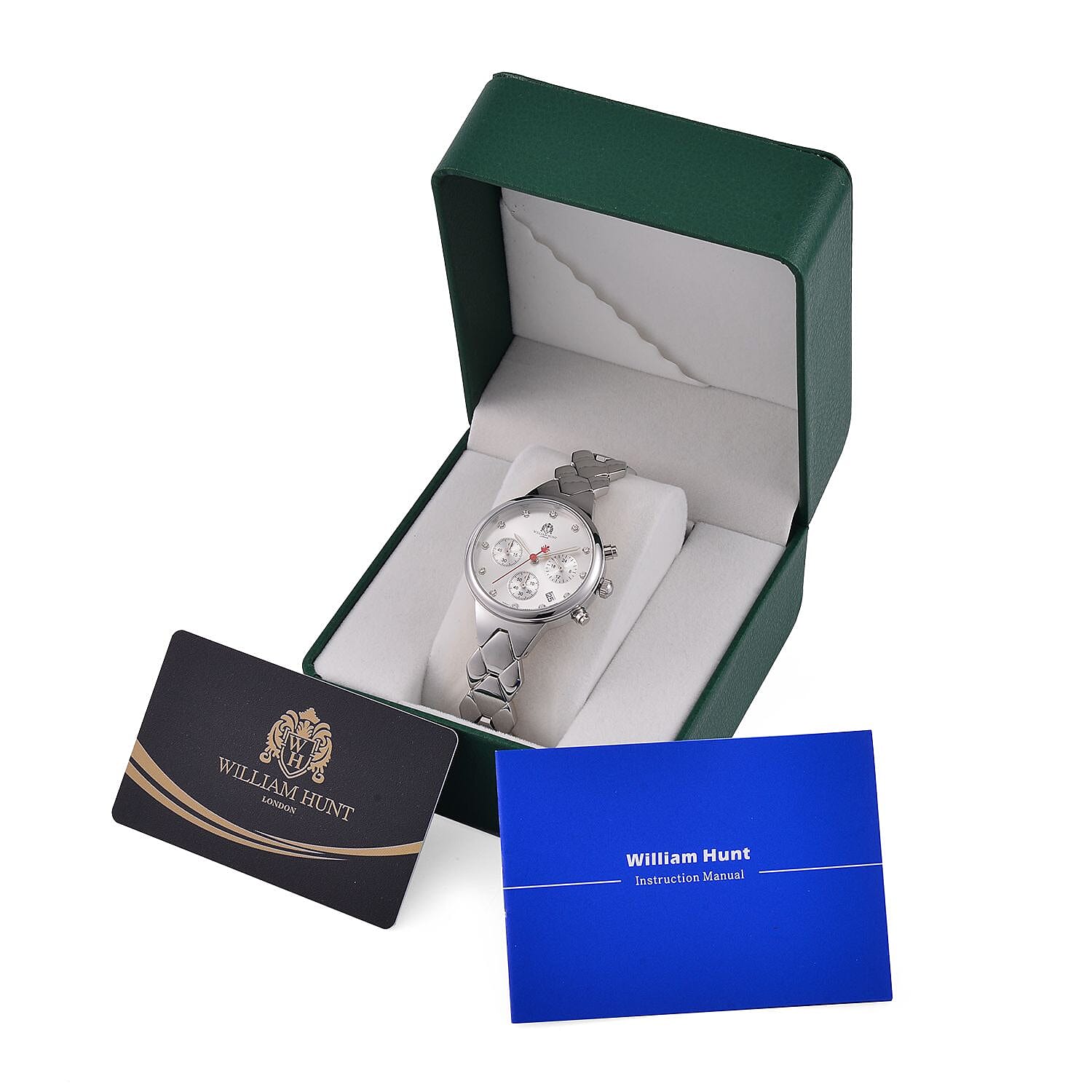  WILLIAM HUNT Japan Movt. White Dial 5 ATM Water Resistant Moissanite Watch with Stainless Steel Chain Strap
