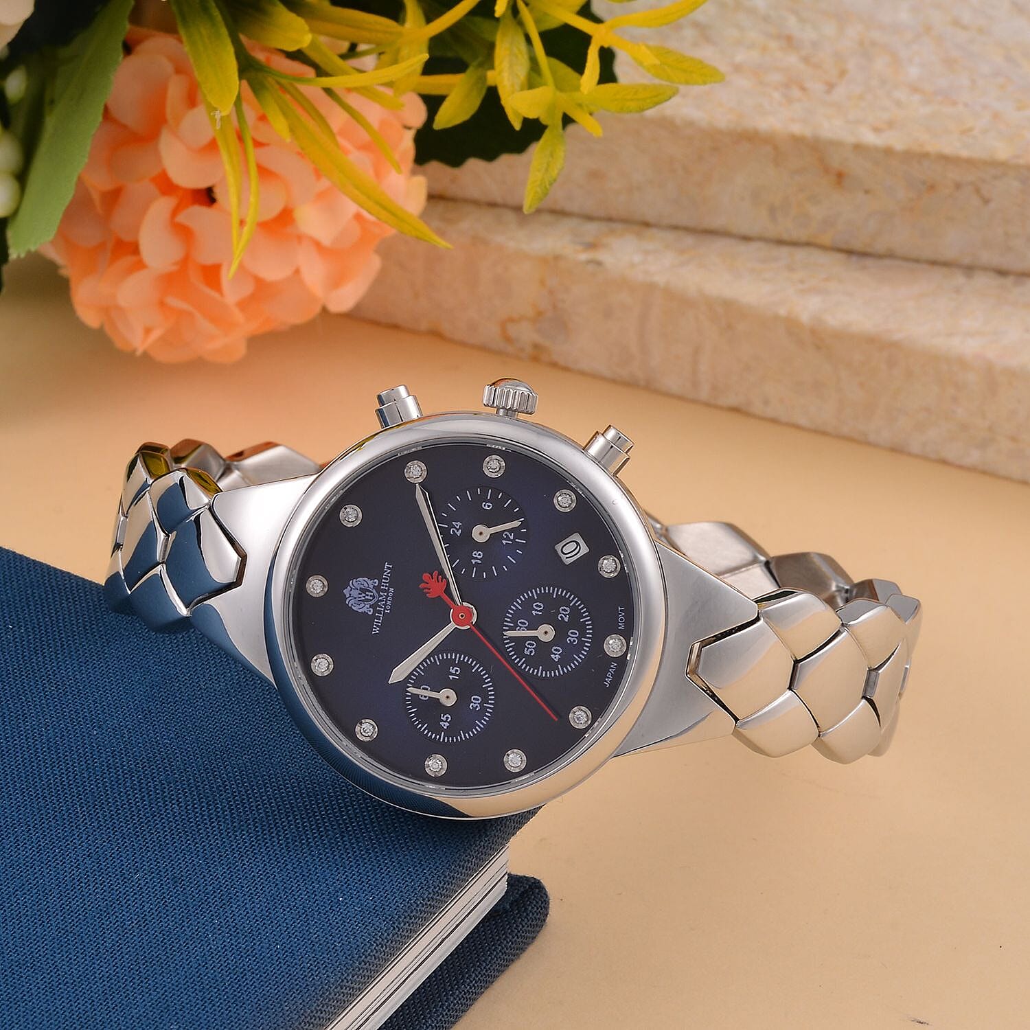 WILLIAM HUNT Japan Movt. Blue Dial 5 ATM Water Resistant Moissanite Watch with Stainless Steel Chain Strap