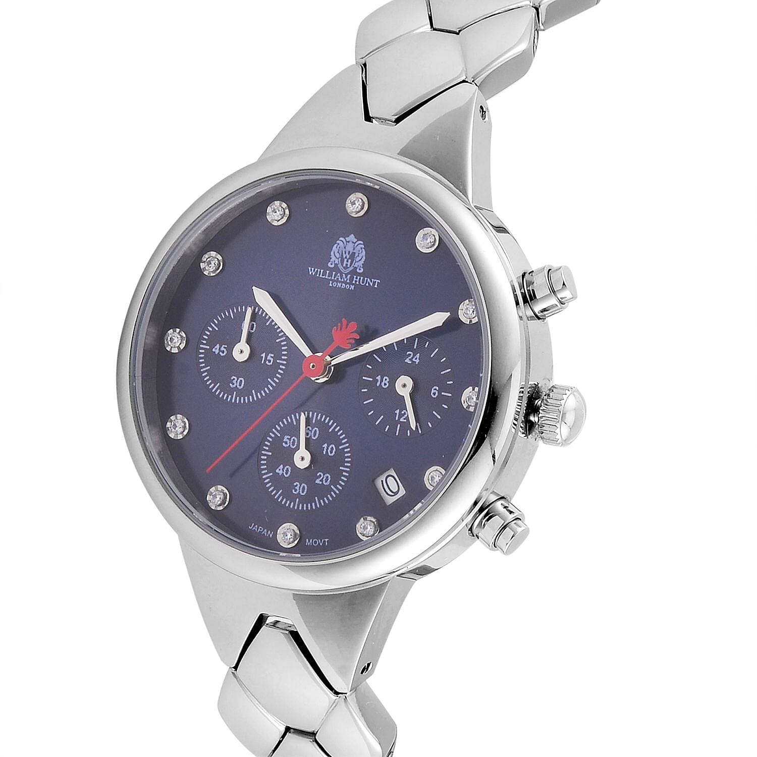 WILLIAM HUNT Japan Movt. Blue Dial 5 ATM Water Resistant Moissanite Watch with Stainless Steel Chain Strap