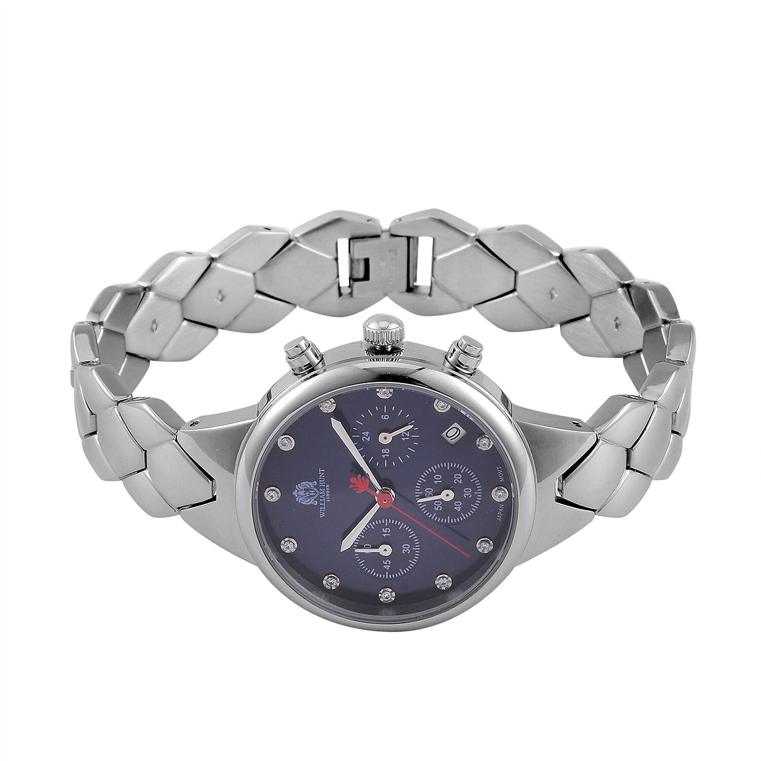 WILLIAM HUNT Japan Movt. Blue Dial 5 ATM Water Resistant Moissanite Watch with Stainless Steel Chain Strap