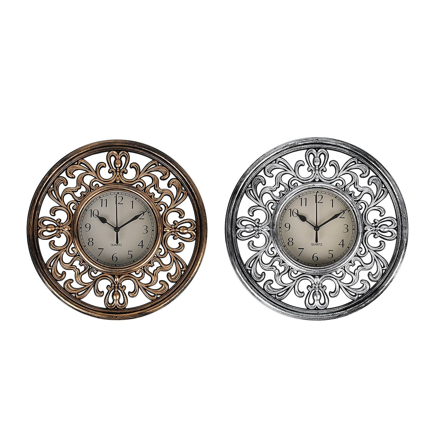 Set of 2 Round Retro Design Analog Wall Clock - Brown & Silver