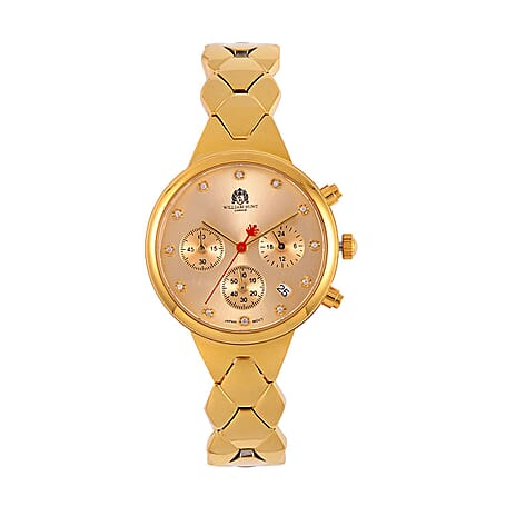 WILLIAM HUNT Japan Movt. Gold Dial 5 ATM Water Resistant Moissanite Watch with Stainless Steel Chain Strap