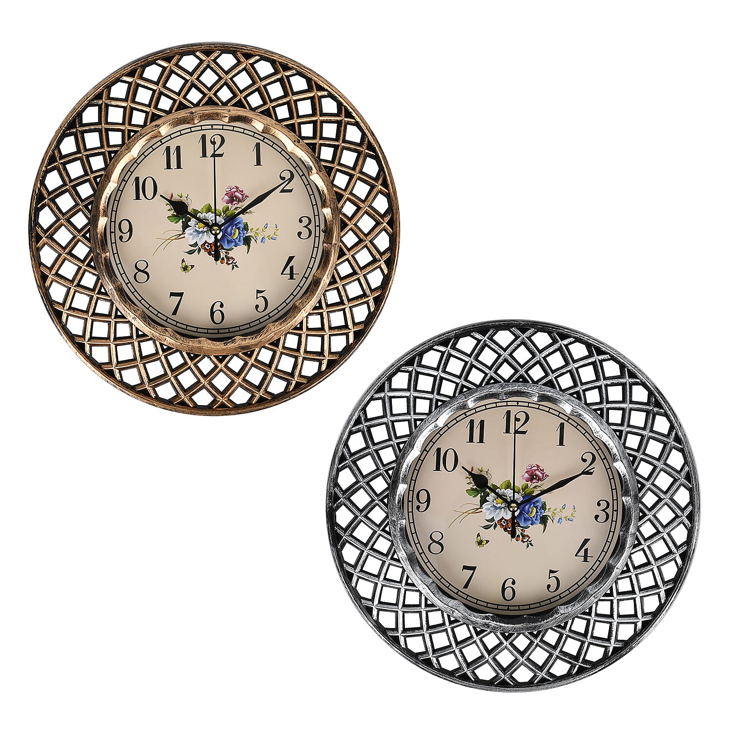Set of 2 Round Retro Design Analog Wall Clock - Gold & Silver - Lattice