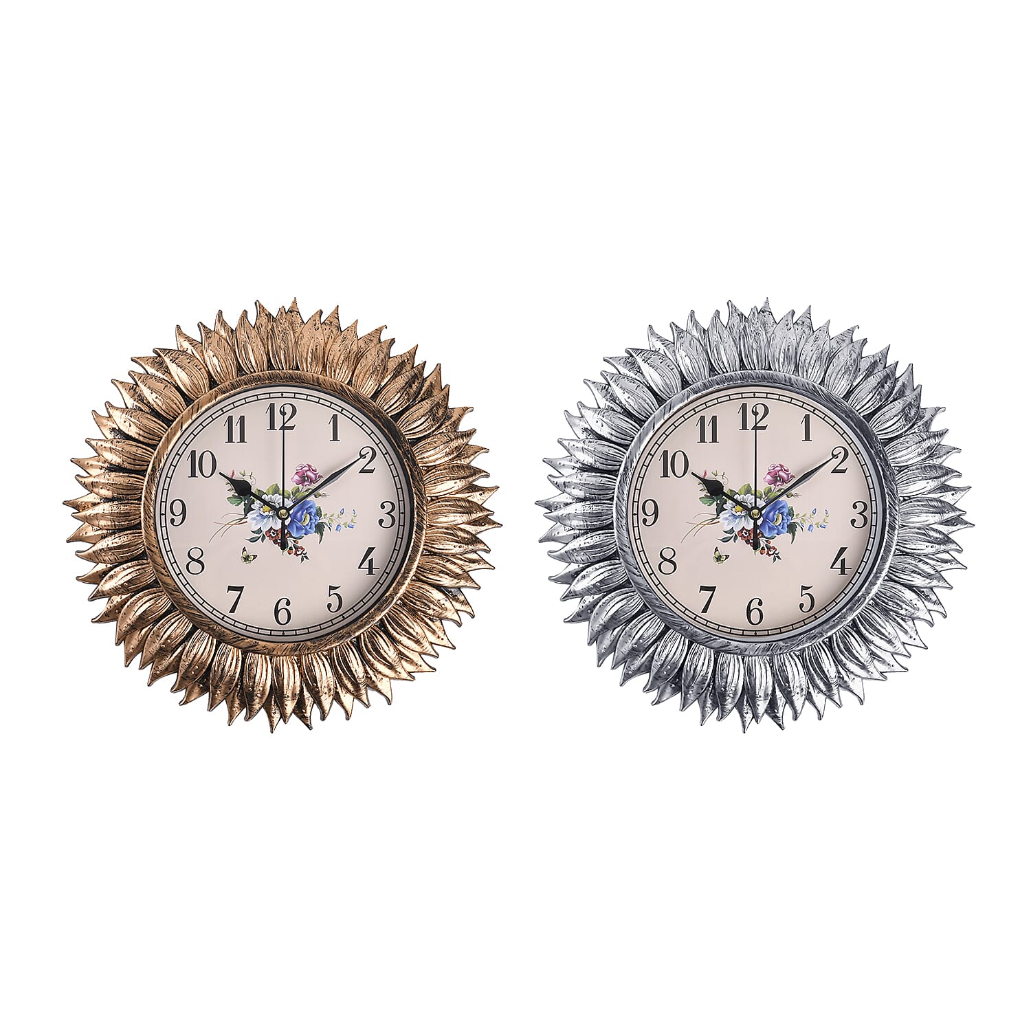 Set of 2 Round Floral Design Analog Wall Clock - Gold & Silver - Sunflower
