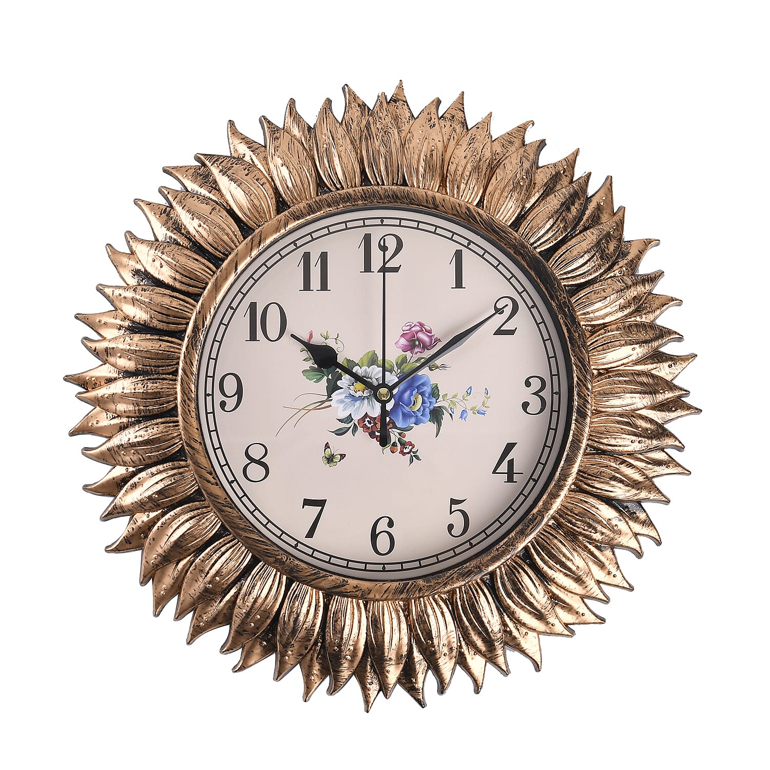 Set of 2 Round Floral Design Analog Wall Clock - Gold & Silver - Sunflower
