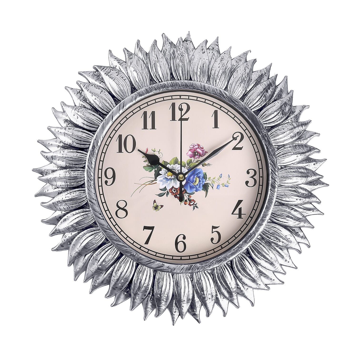 Set of 2 Round Floral Design Analog Wall Clock - Gold & Silver - Sunflower