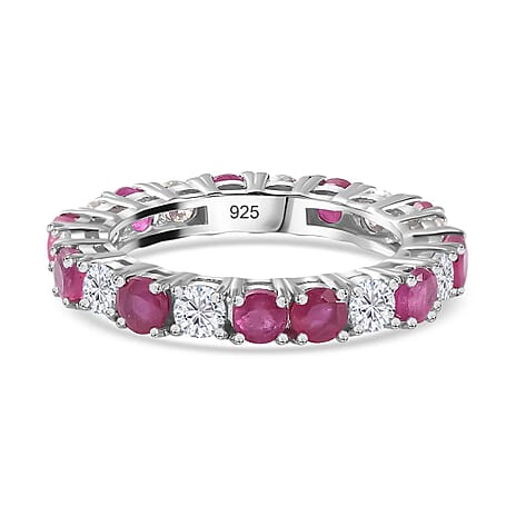 African Ruby & Moissanite Band Ring in Platinum Overlay Sterling Silver 3.50 Ct.