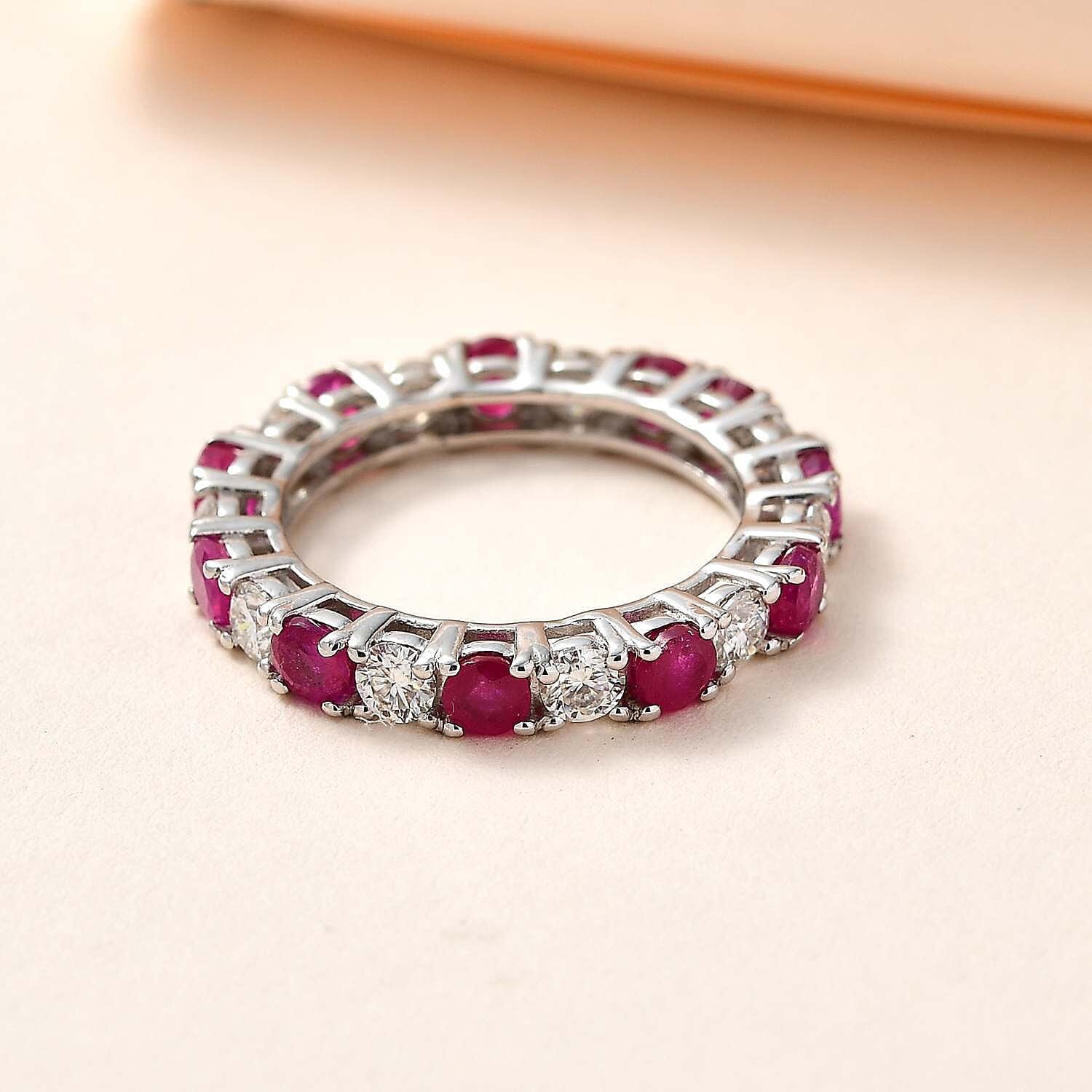African Ruby & Moissanite Band Ring in Platinum Overlay Sterling Silver 3.50 Ct.