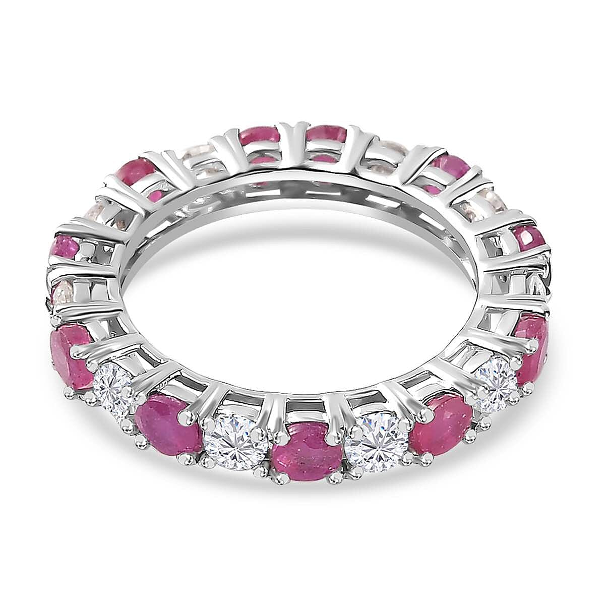 African Ruby & Moissanite Band Ring in Platinum Overlay Sterling Silver 3.50 Ct.