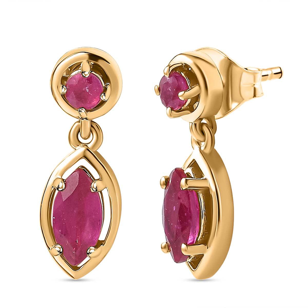 African Ruby Dangle Earrings in 18K Yellow Gold Vermeil Plated Sterling Silver 2.06 Ct.