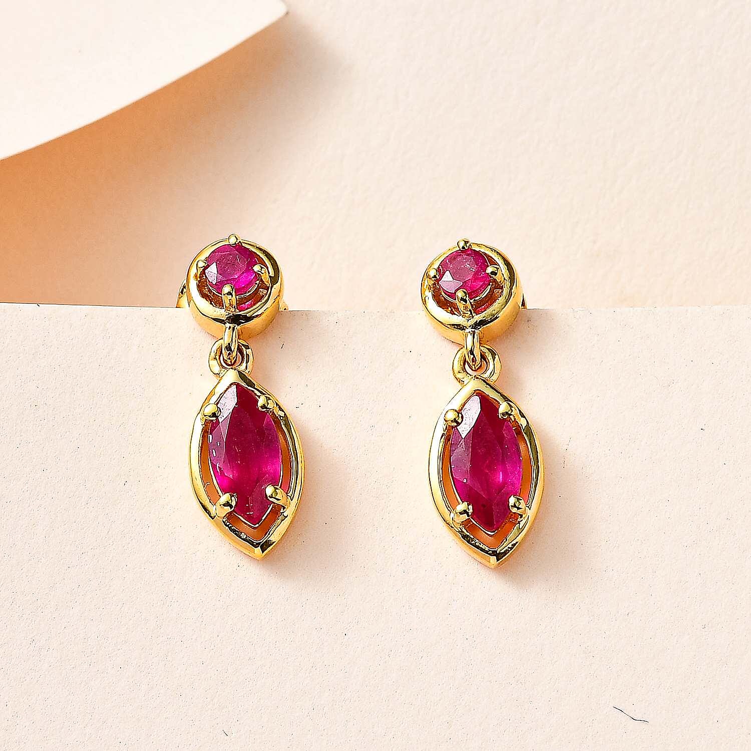 African Ruby Dangle Earrings in 18K Yellow Gold Vermeil Plated Sterling Silver 2.06 Ct.