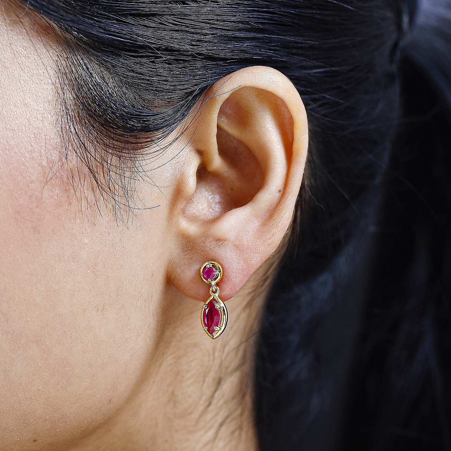 African Ruby Dangle Earrings in 18K Yellow Gold Vermeil Plated Sterling Silver 2.06 Ct.