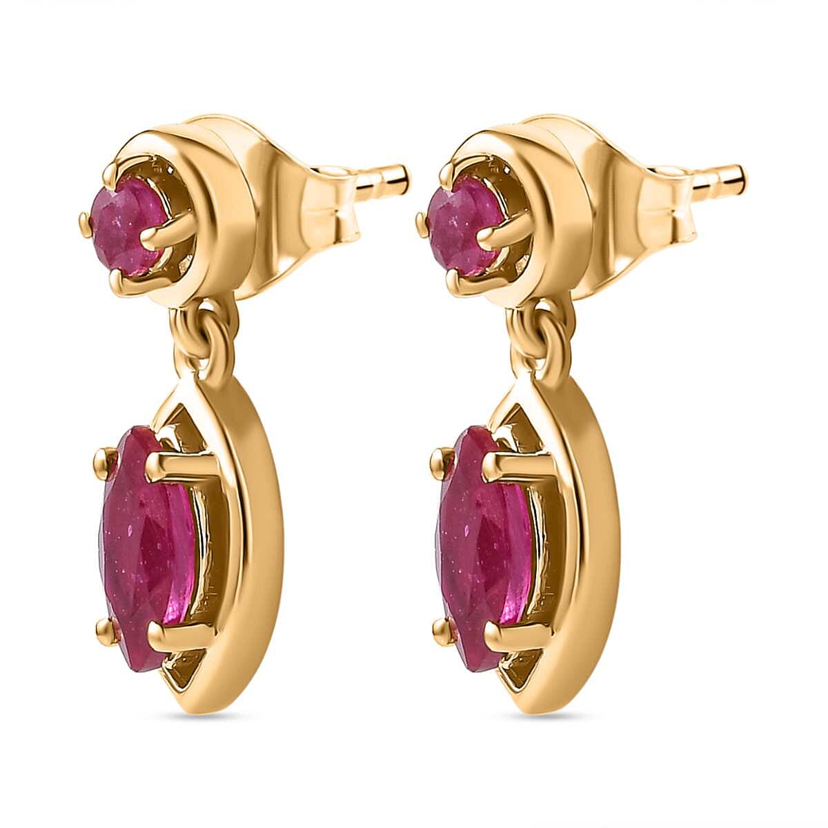 African Ruby Dangle Earrings in 18K Yellow Gold Vermeil Plated Sterling Silver 2.06 Ct.