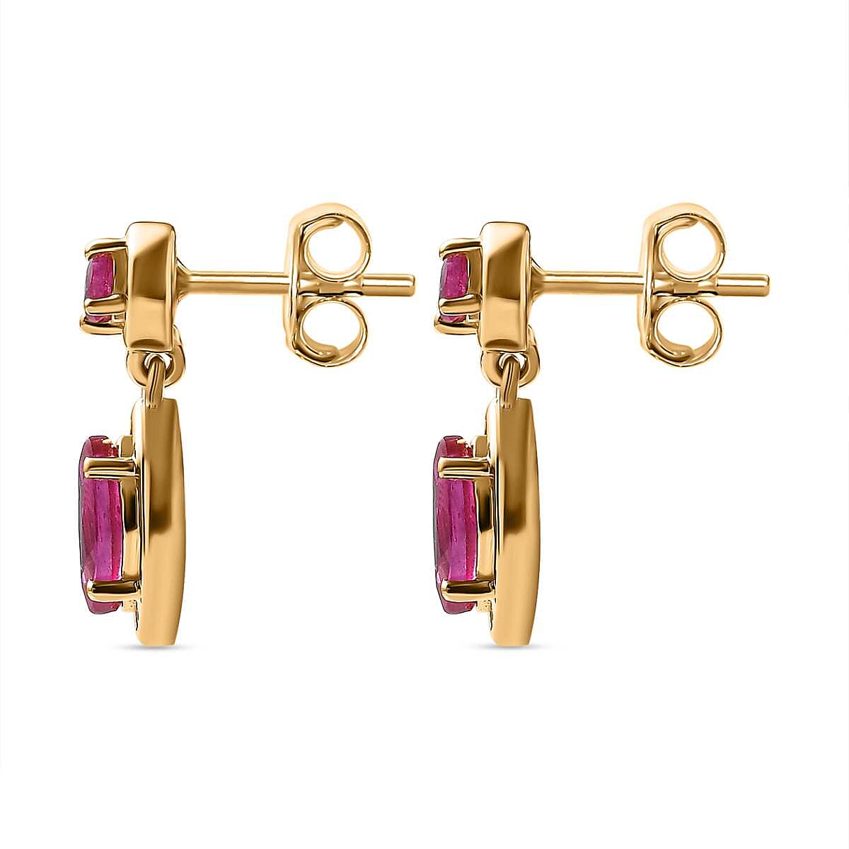 African Ruby Dangle Earrings in 18K Yellow Gold Vermeil Plated Sterling Silver 2.06 Ct.
