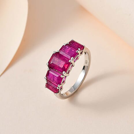 African Ruby 5 Stone Ring in Platinum Overlay Sterling Silver 4.40 Ct.