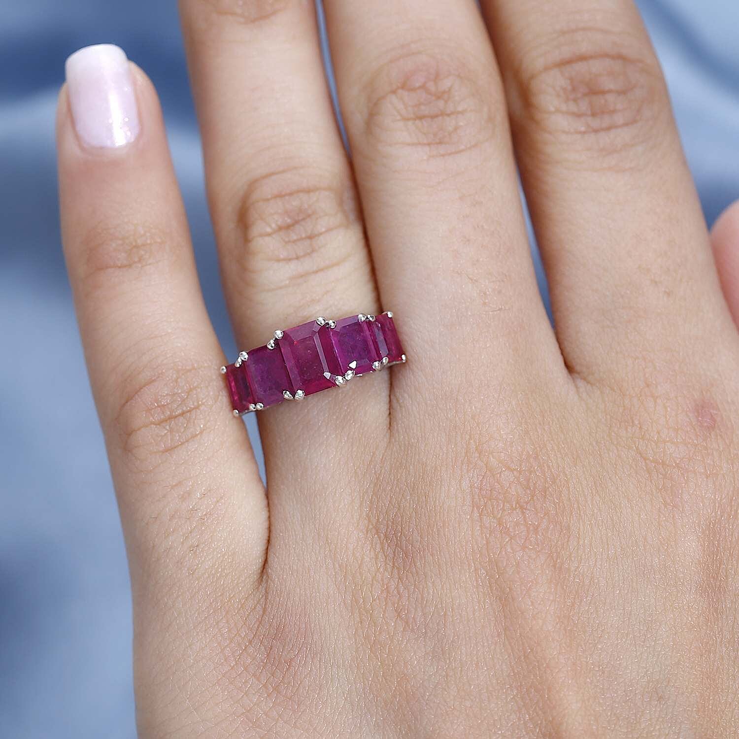 African Ruby 5 Stone Ring in Platinum Overlay Sterling Silver 4.40 Ct.