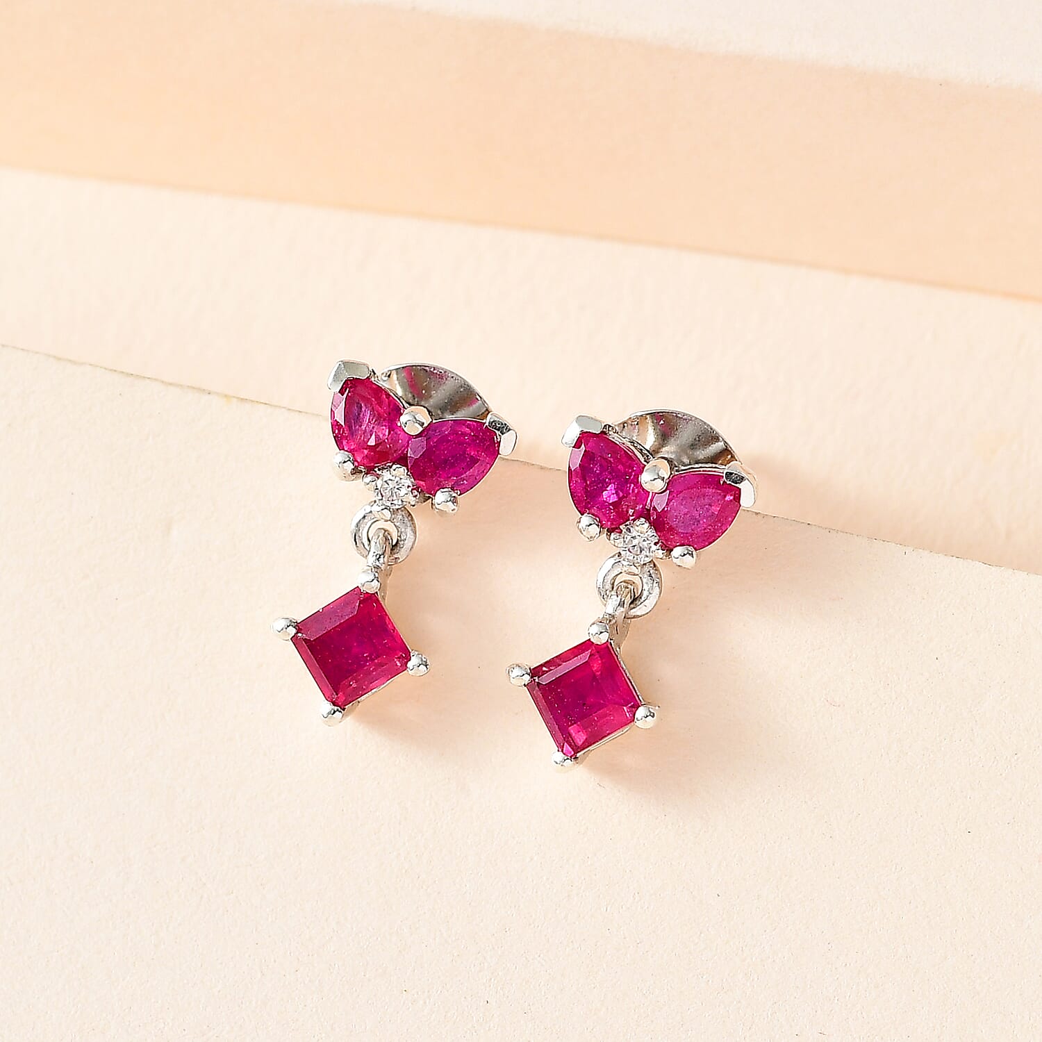 African Ruby & Natural Zircon Dangle Earrings in Platinum Overlay Sterling Silver 2.10 Ct