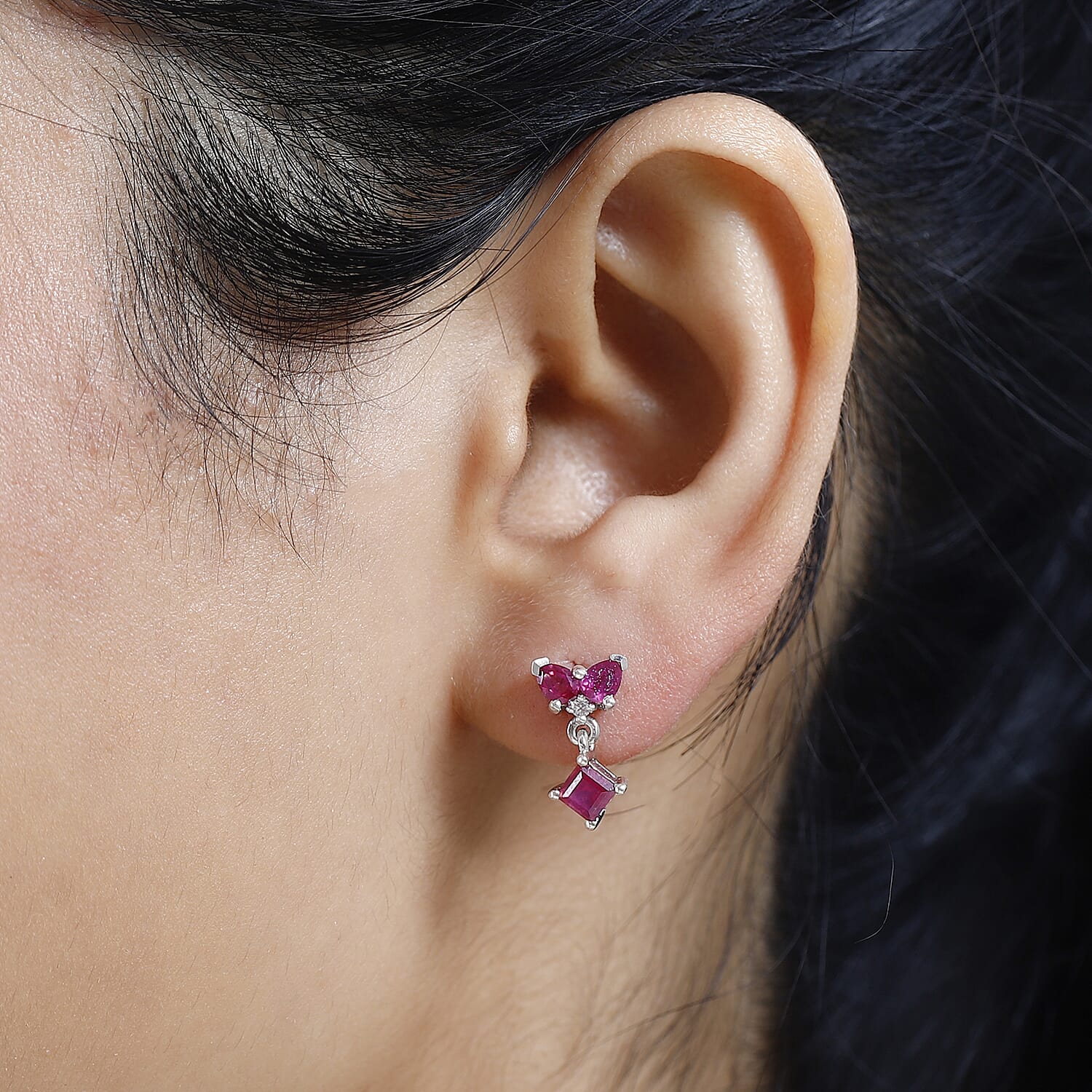 African Ruby & Natural Zircon Dangle Earrings in Platinum Overlay Sterling Silver 2.10 Ct