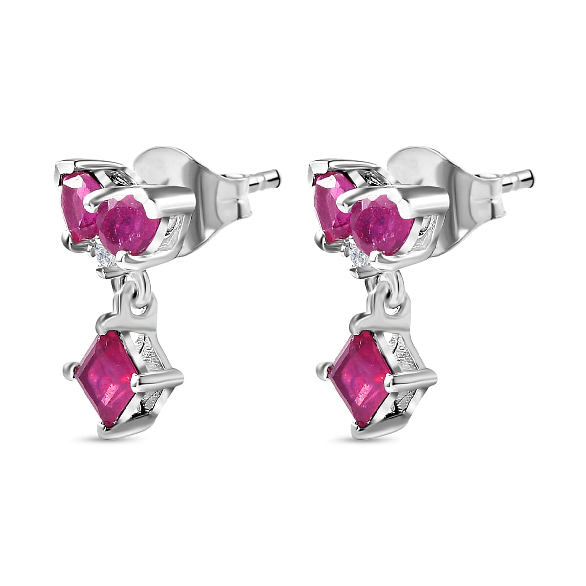 African Ruby & Natural Zircon Dangle Earrings in Platinum Overlay Sterling Silver 2.10 Ct