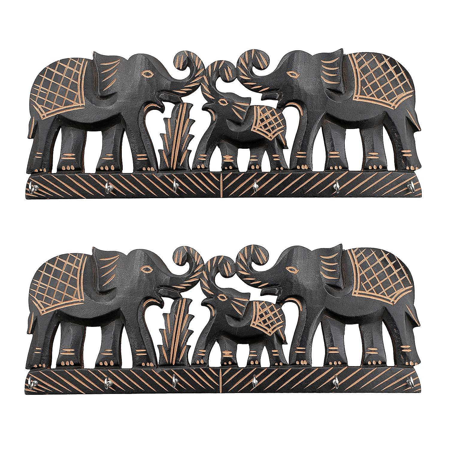 Set of 2 Wooden Elephant Key Holder (Size 39x15.3 cm) - Black