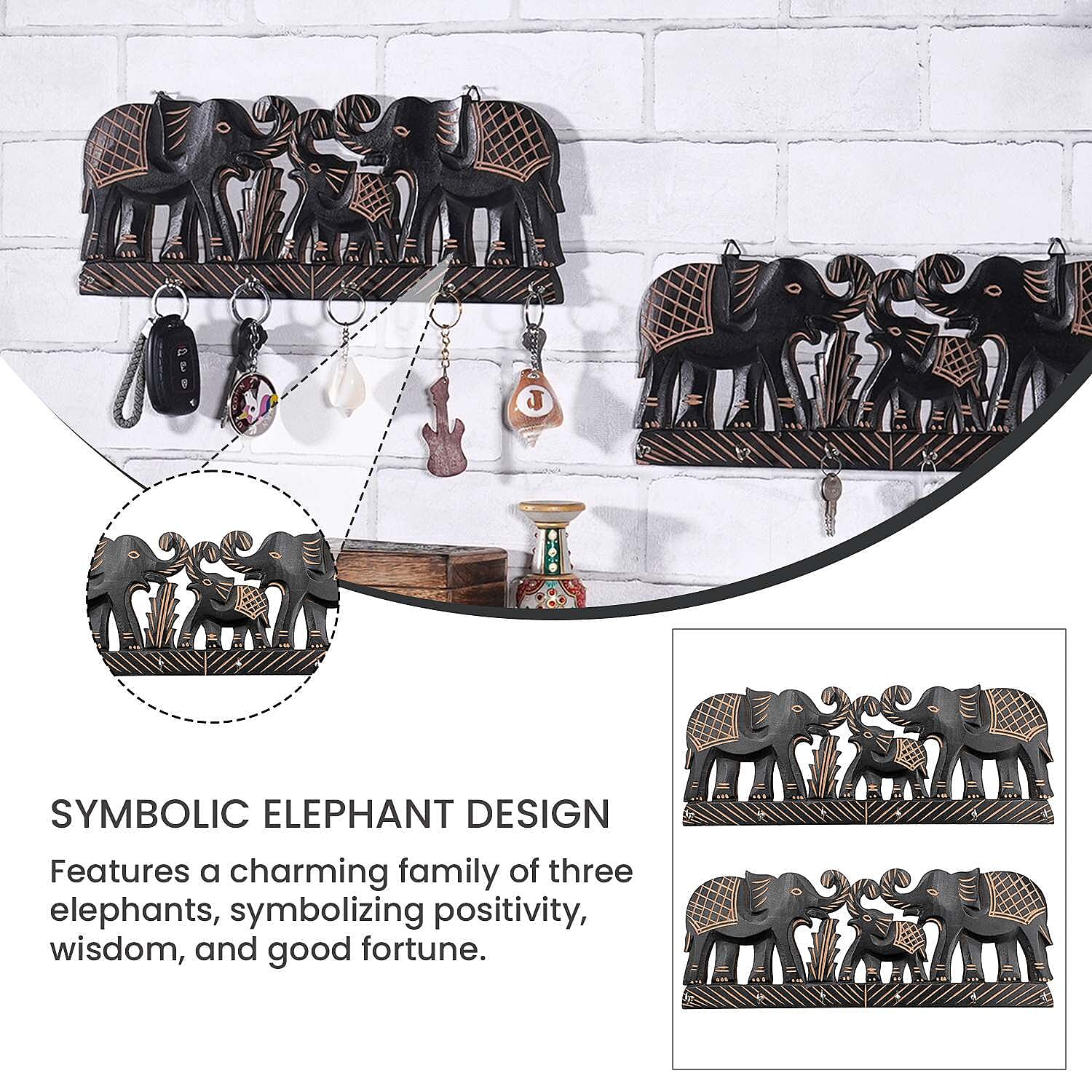 Boutique Collection - Set of 2 Carved Wooden Elephant Key Holders Boutique Collection - Set of 2 Carved Wooden Elephant Key Holders