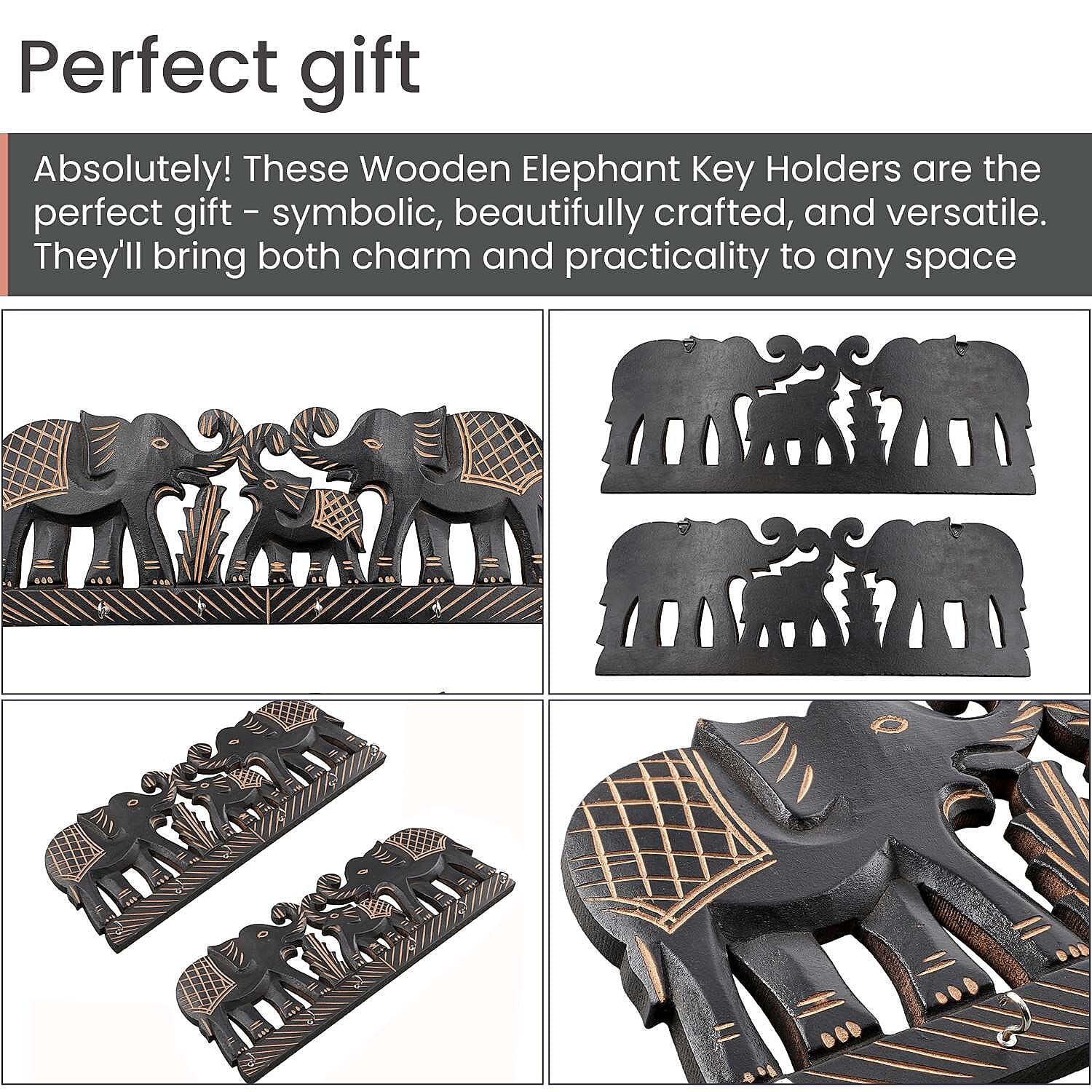 Boutique Collection - Set of 2 Carved Wooden Elephant Key Holders Boutique Collection - Set of 2 Carved Wooden Elephant Key Holders
