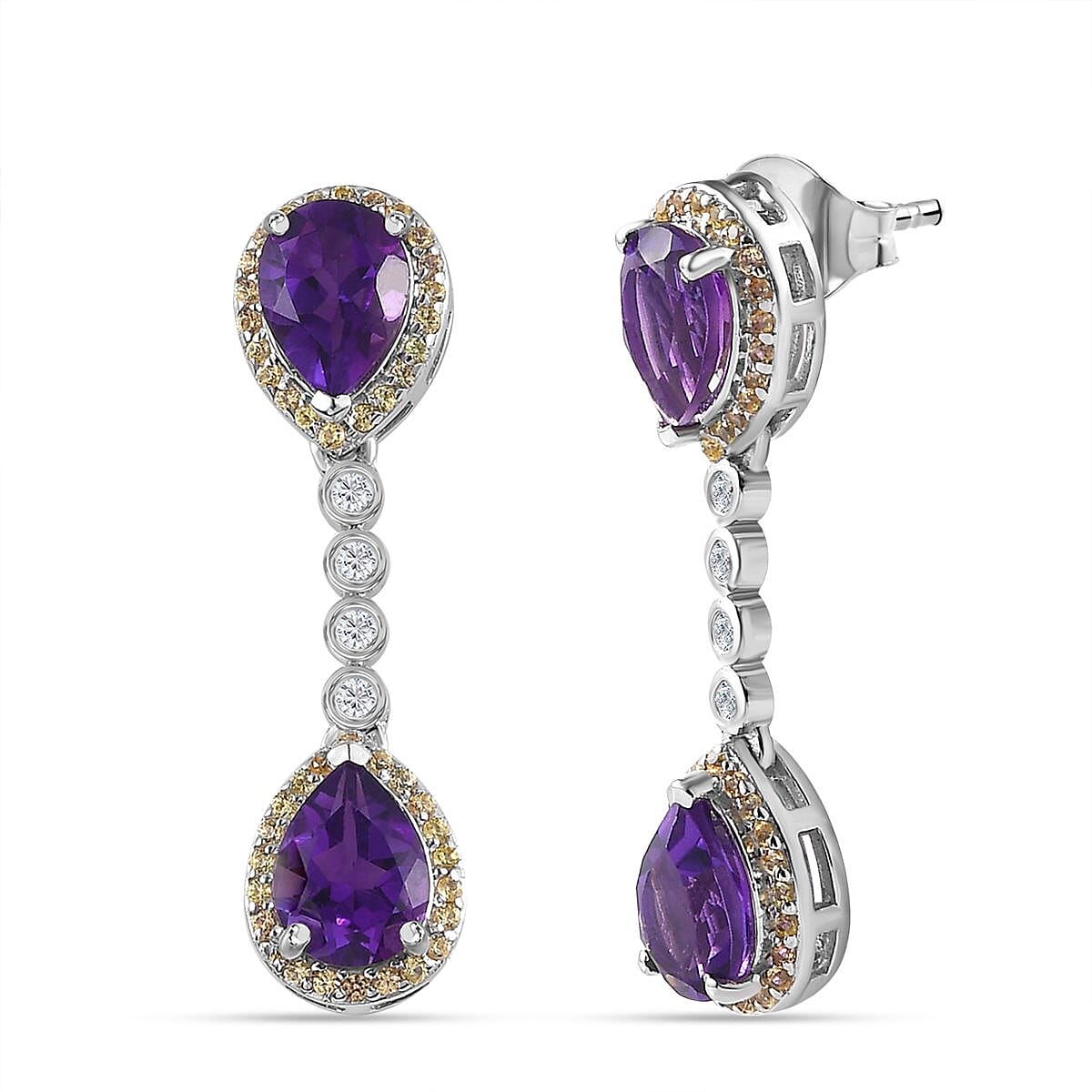 AAA Amethyst, Yellow Sapphire & Natural Zircon Dangle Earrings in Platinum Overlay Sterling Silver 4.81 Ct