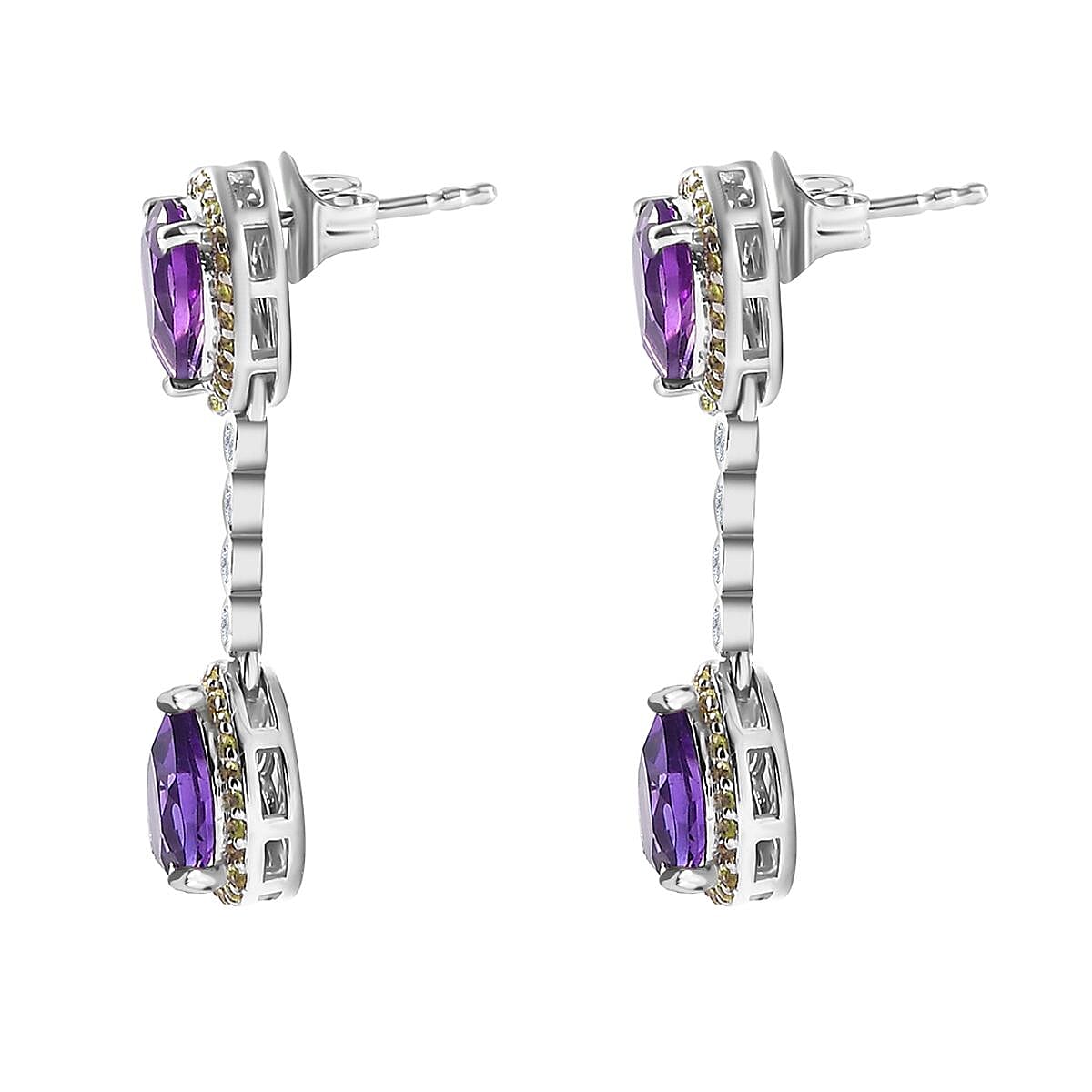 AAA Amethyst, Yellow Sapphire & Natural Zircon Dangle Earrings in Platinum Overlay Sterling Silver 4.81 Ct