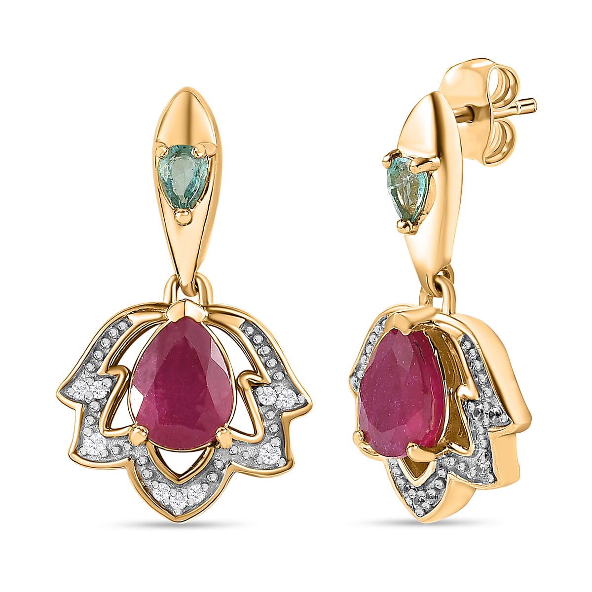 African Ruby, Natural Zircon & Zambian Emerald Earrings in 18K Yellow Gold Vermeil Plated Sterling Silver 3.74 Ct.
