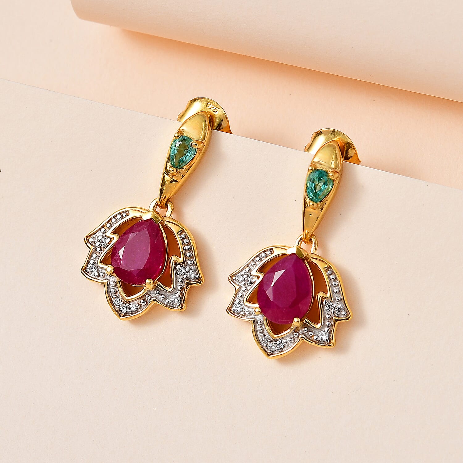African Ruby, Natural Zircon & Zambian Emerald Earrings in 18K Yellow Gold Vermeil Plated Sterling Silver 3.74 Ct.