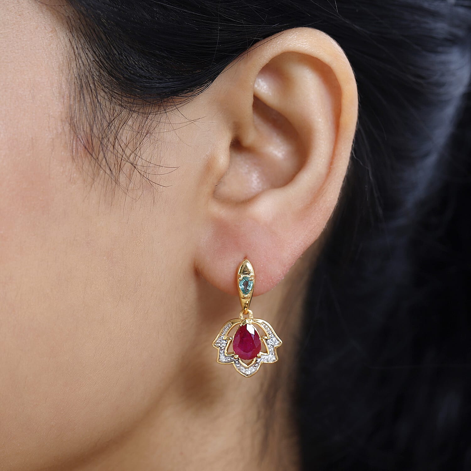 African Ruby, Natural Zircon & Zambian Emerald Earrings in 18K Yellow Gold Vermeil Plated Sterling Silver 3.74 Ct.
