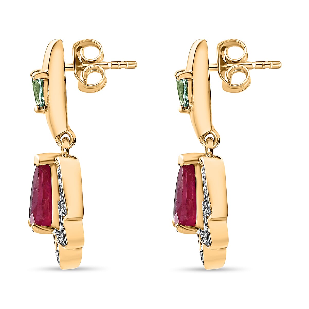 African Ruby, Natural Zircon & Zambian Emerald Earrings in 18K Yellow Gold Vermeil Plated Sterling Silver 3.74 Ct.