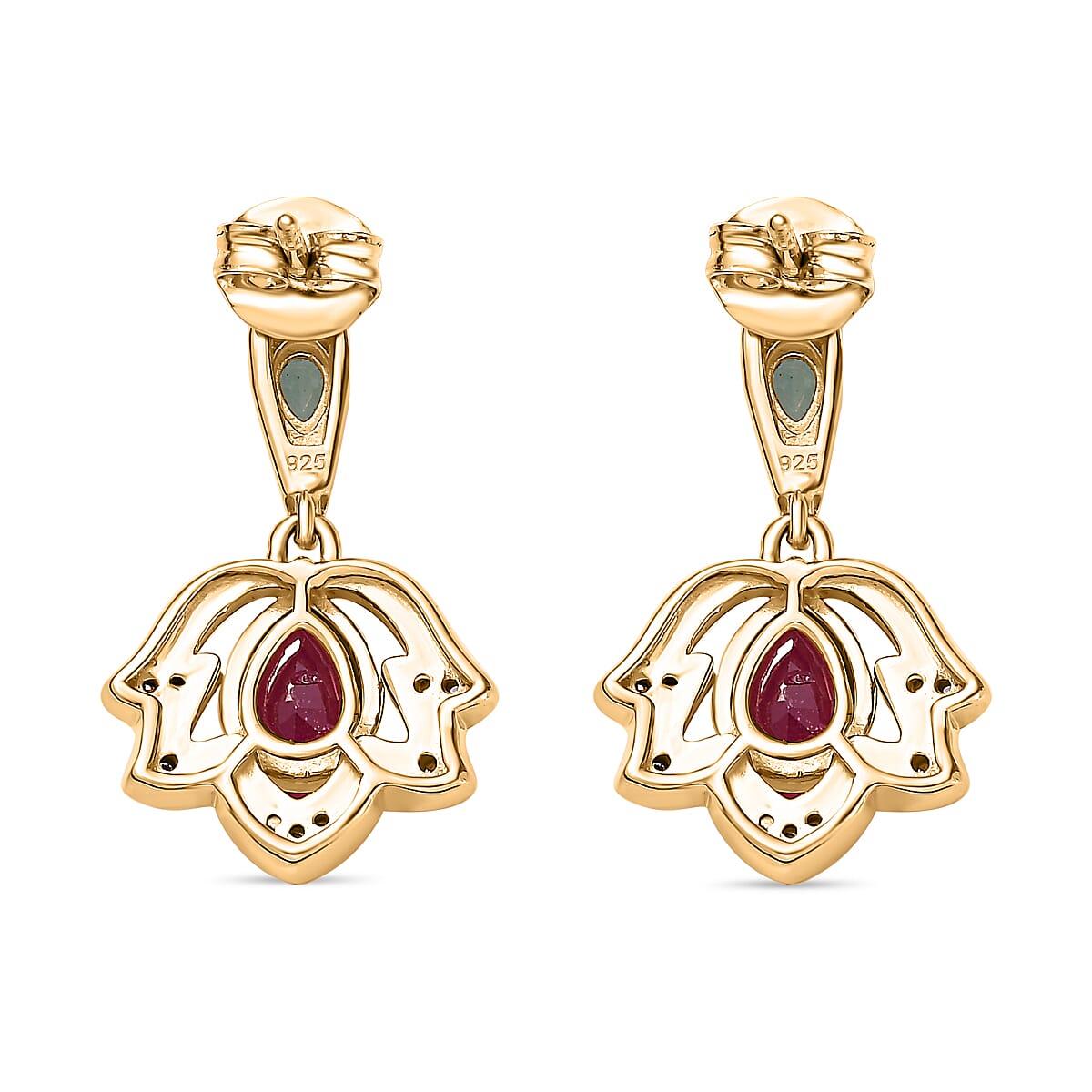 African Ruby, Natural Zircon & Zambian Emerald Earrings in 18K Yellow Gold Vermeil Plated Sterling Silver 3.74 Ct.