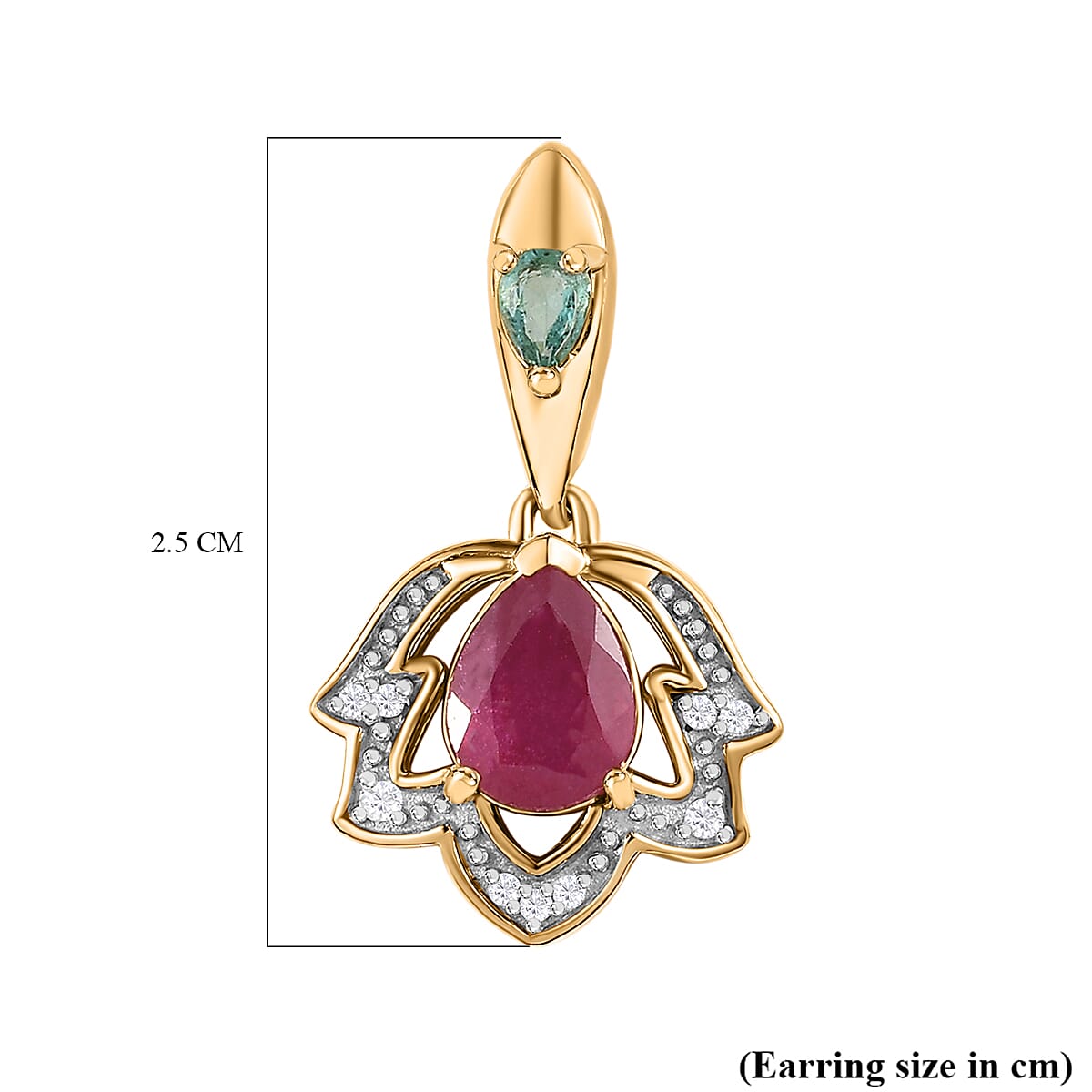 African Ruby, Natural Zircon & Zambian Emerald Earrings in 18K Yellow Gold Vermeil Plated Sterling Silver 3.74 Ct.