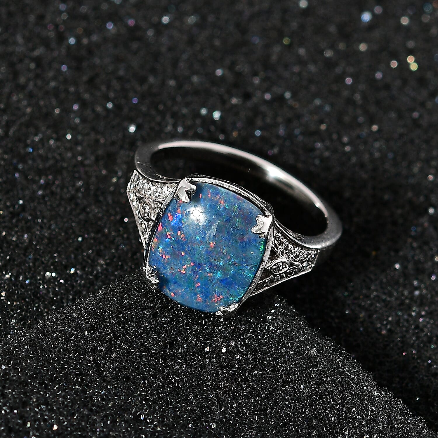 Tucson Special - Australian Boulder Opal & Natural Zircon Ring in Platinum Overlay Sterling Silver 3.77 Ct.