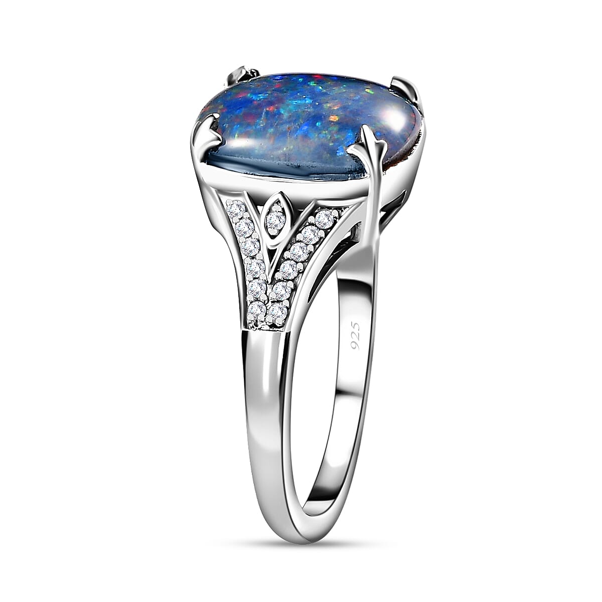 Tucson Special - Australian Boulder Opal & Natural Zircon Ring in Platinum Overlay Sterling Silver 3.77 Ct.