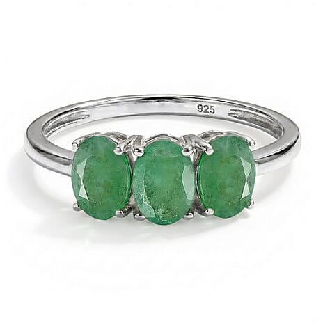 Socoto Emerald  3 Stone Ring in Platinum Overlay Sterling Silver 1.53 ct  1.353  Ct.
