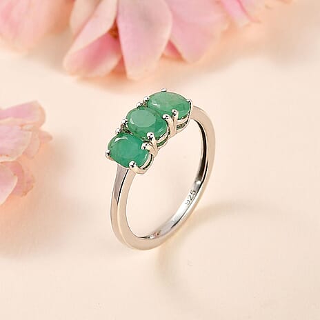 Socoto Emerald  3 Stone Ring in Platinum Overlay Sterling Silver 1.53 ct  1.353  Ct.