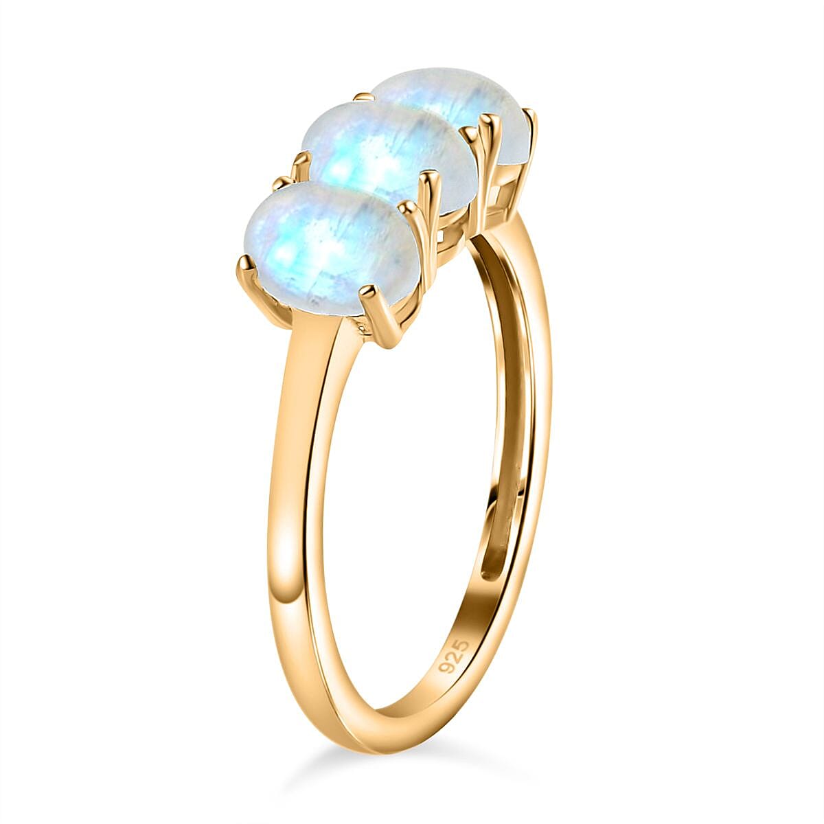 Rainbow Moonstone 3 Stone Ring in Vermeil YG Sterling Silver 2.52 ct 1.449 Ct. Rainbow Moonstone 3 Stone Ring in Vermeil YG Sterling Silver 2.52 ct 1.449 Ct.
