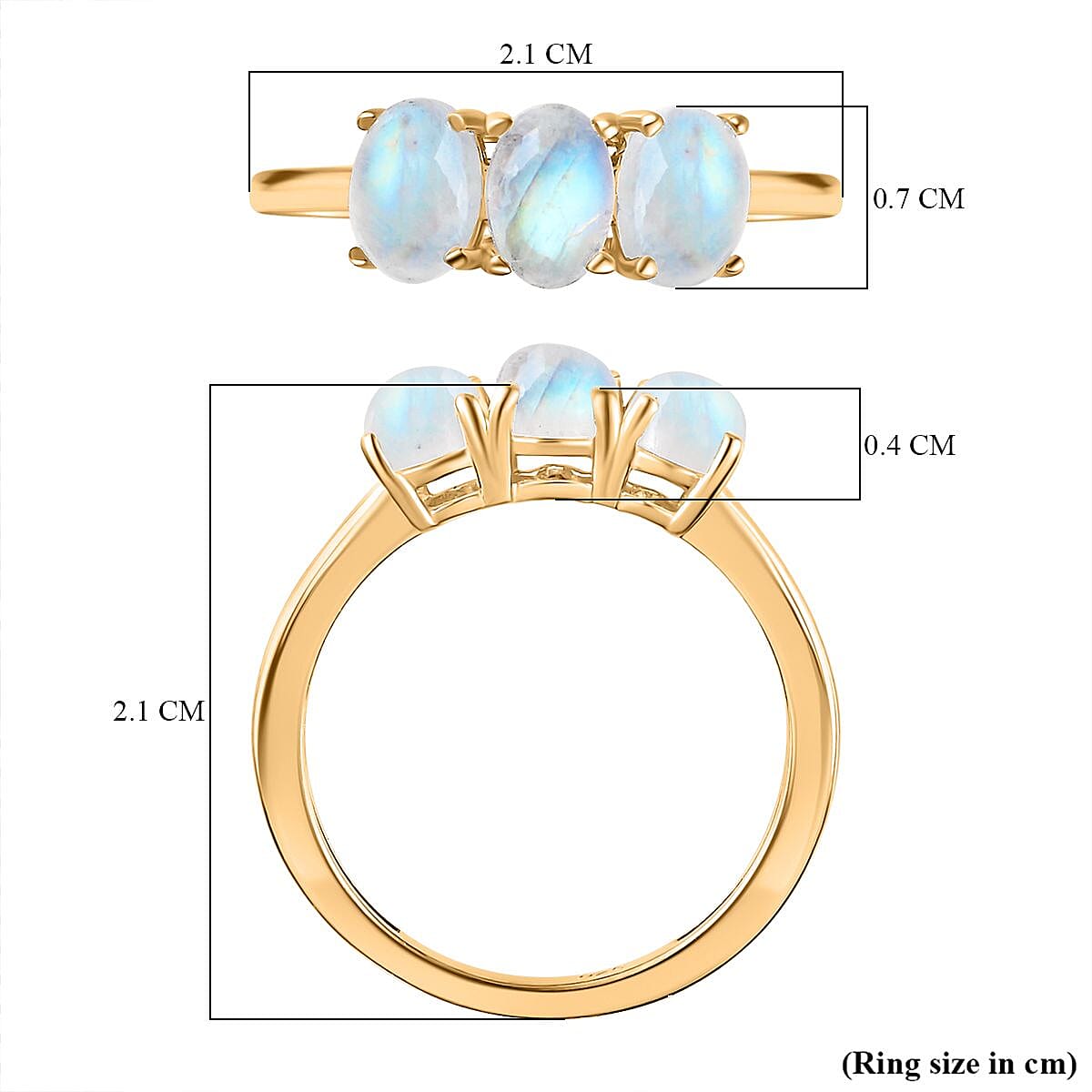 Rainbow Moonstone 3 Stone Ring in Vermeil YG Sterling Silver 2.52 ct 1.449 Ct. Rainbow Moonstone 3 Stone Ring in Vermeil YG Sterling Silver 2.52 ct 1.449 Ct.