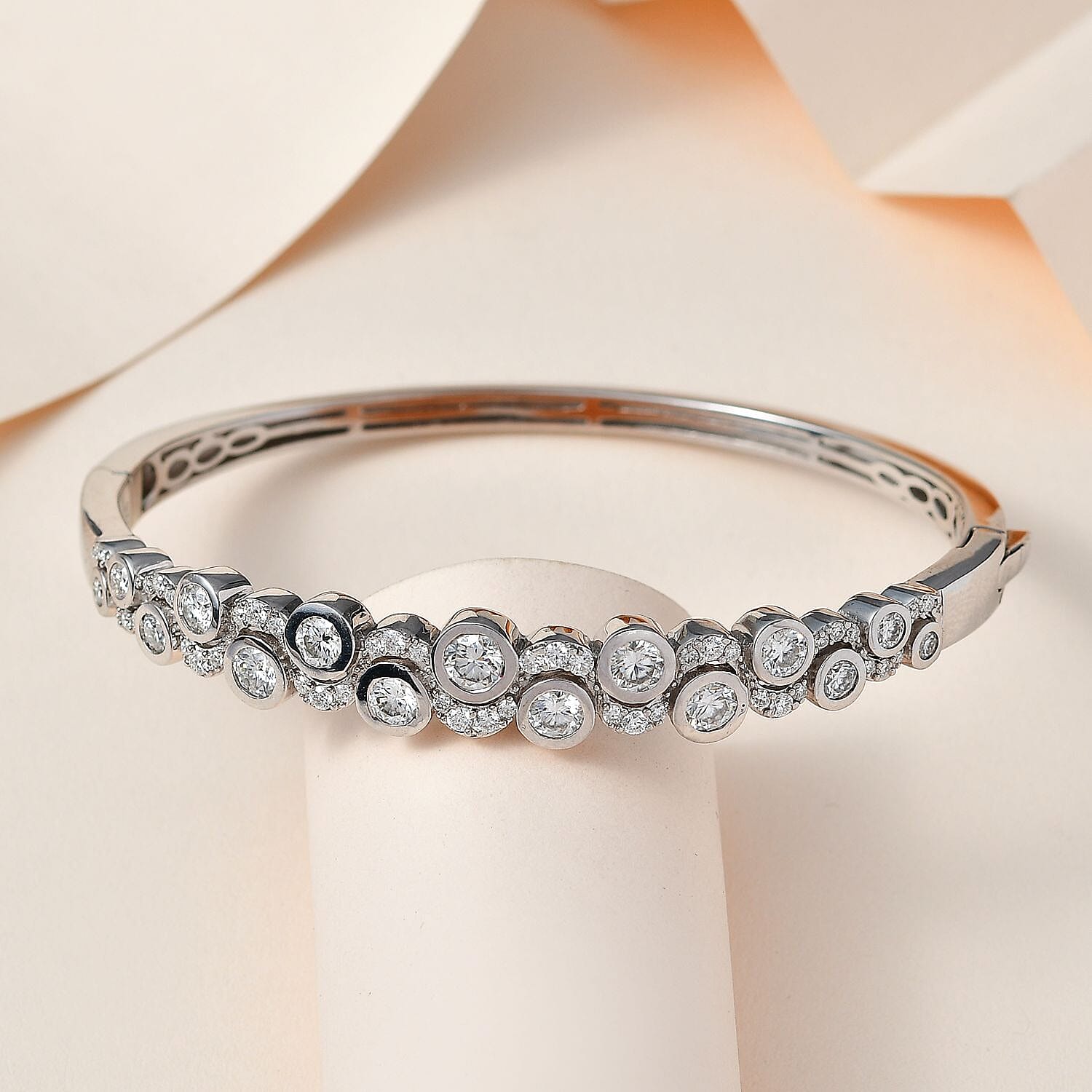 Ocean Bubble Moissanite Bangle (Size 7.5) in Platinum Overlay Sterling Silver Wt. 24.5 Gms