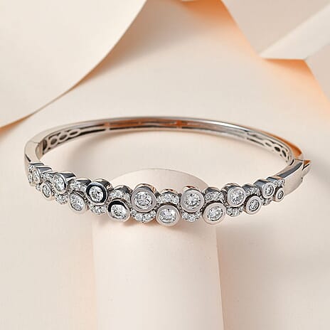 Ocean Bubble Moissanite Bangle (Size 7.5) in Platinum Overlay Sterling Silver Wt. 24.5 Gms