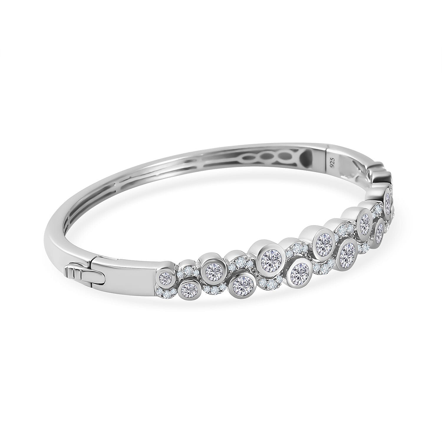 Ocean Bubble Moissanite Bangle (Size 7.5) in Platinum Overlay Sterling Silver Wt. 24.5 Gms