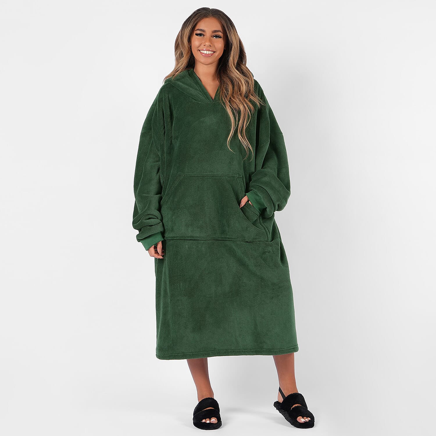 Sherpa Lined Long Length Hoodie - Green