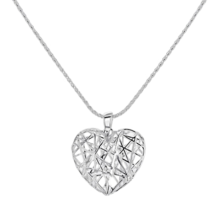 Italian Made - Rhodium Overlay Sterling Silver Mesh Heart & Spiga Necklace (Size - 18)