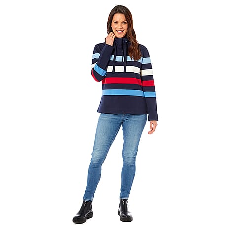 Ladies Cotton Wide Striped Sweat Shirt (Size 14) - Navy Blue and Multi