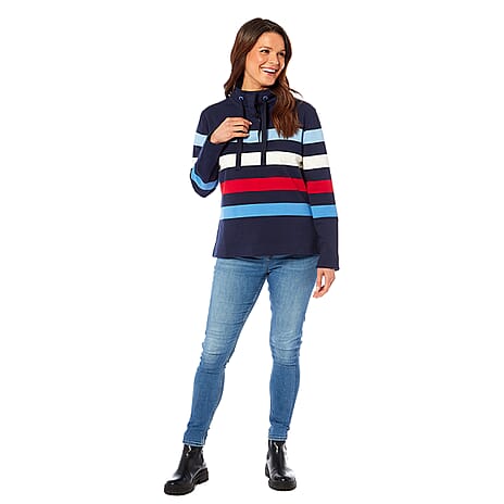 Ladies Cotton Wide Striped Sweat Shirt (Size 16) - Navy Blue and Multi