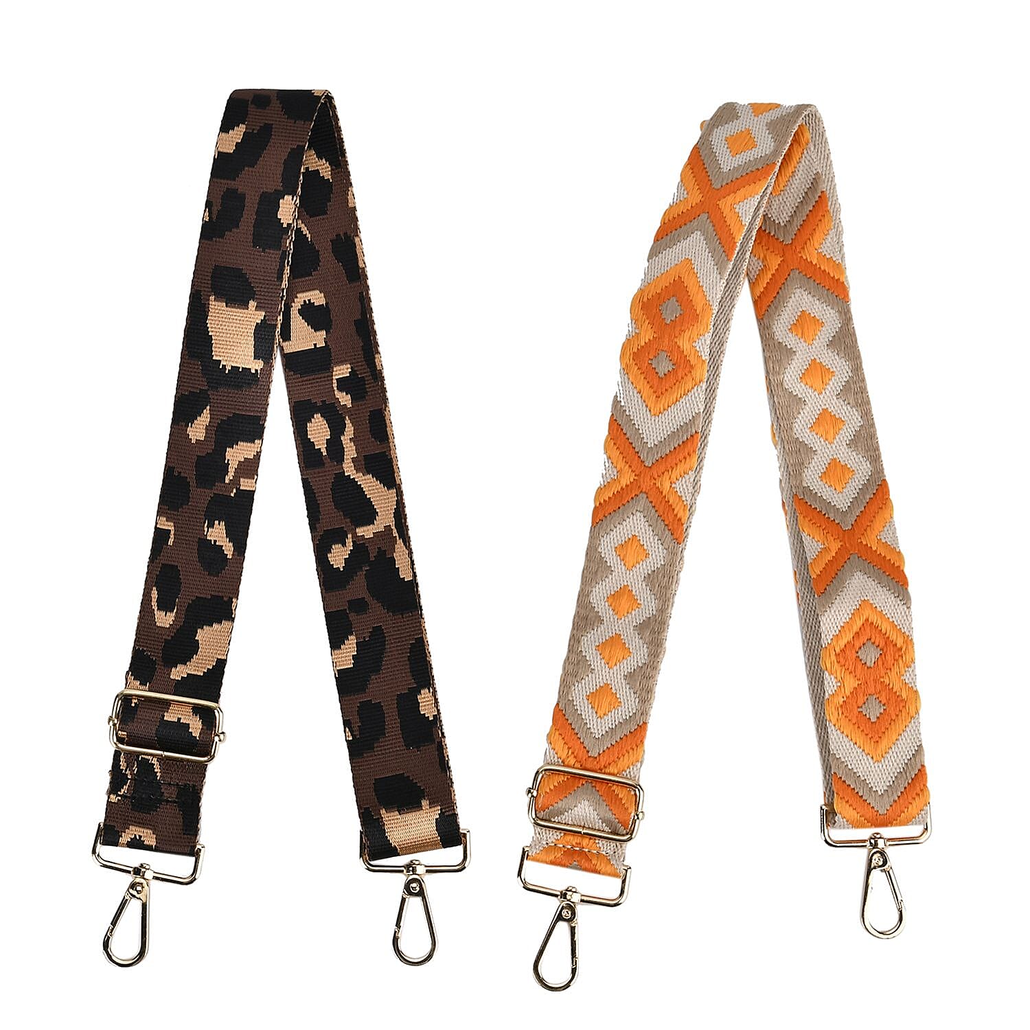 Set of 2 Leopard Pattern Long Crossbody Straps (Adjustable) with 360 Degree Rotation Metal Buckle - Coffee, Khaki & Yellow