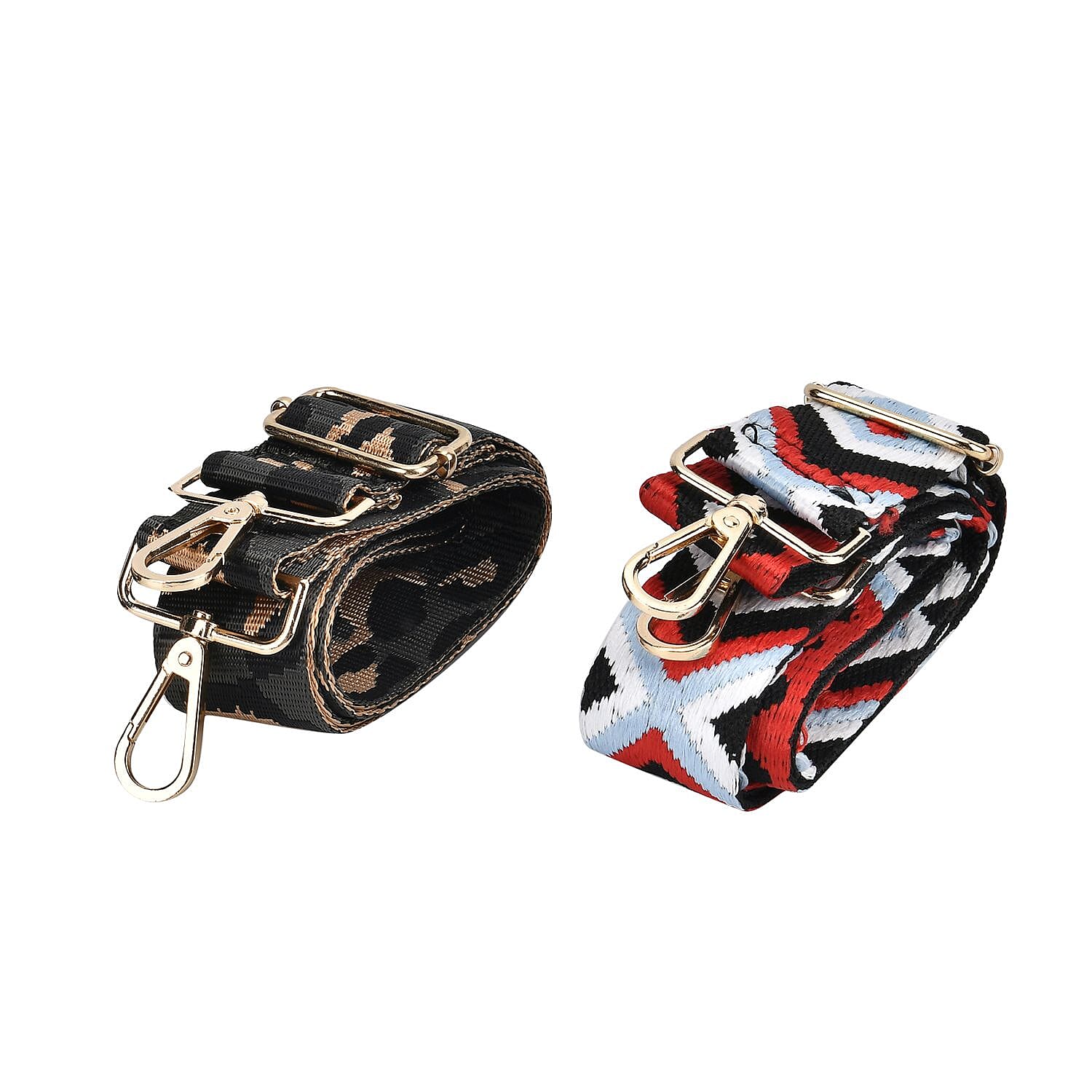 Set of 2 Leopard Pattern Long Crossbody Straps (Adjustable) with 360 Degree Rotation Metal Buckle - Black & Red